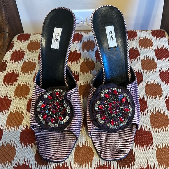 Prada purple fabric mules with jeweled accent Sz 38.5 - Picture 1 of 7